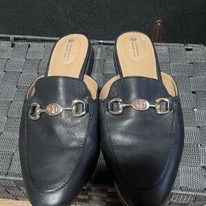 Black Leather Slip-On Mule Loafers with Horsebit Accent